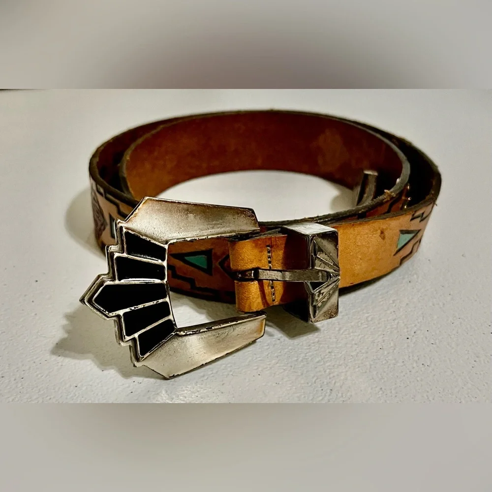 Native American Southwestern Style Tan Leather Belt with Silver Buckle - Picture 1 of 15